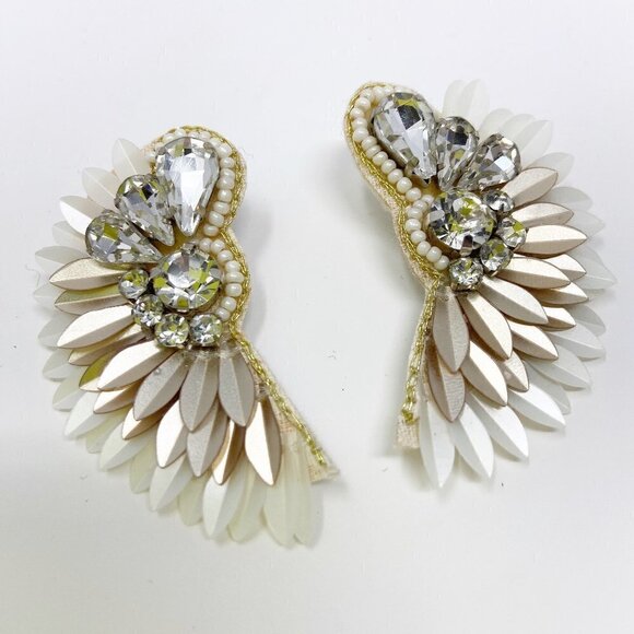 White Cream Beaded Crystal Geometric Semicircle Fan Statement Earrings - Picture 2 of 6